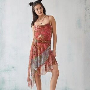 Urban Outfitters Red Floral Phoebe Asymmetrical Mesh Midi Dress Size Small